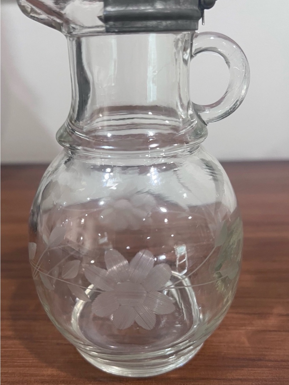 Vintage Hazel-Atlas Glass Syrup Pitcher with Pewter Flip Lid | Etched Floral Des